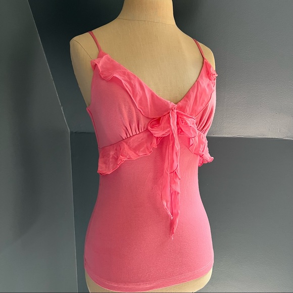 Bebe Y2K Pink Barbiecore Tank Top w/ Flowy Chiffon Bow Adjustable Straps M - Picture 6 of 9